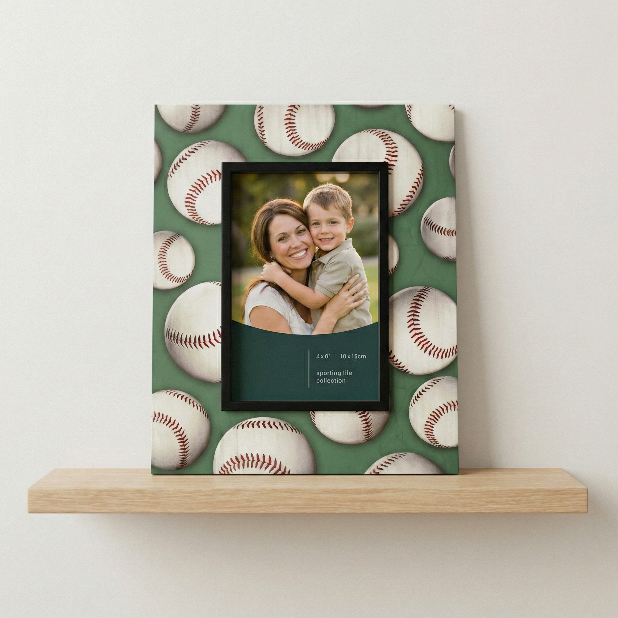 Framed photo of a woman and child on a decorative Prinz frame with baseball pattern