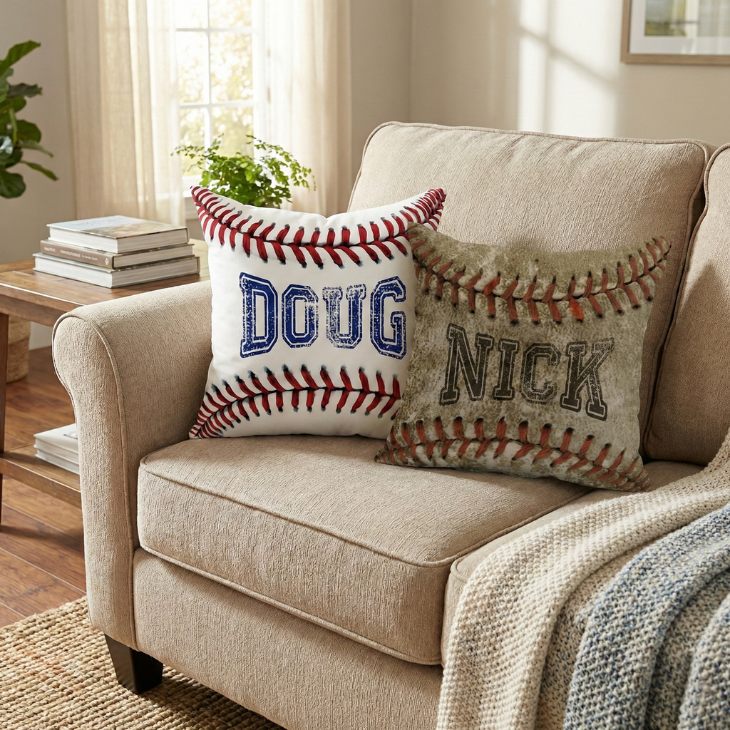 Personalized custom baseball square pillows on a couch. 