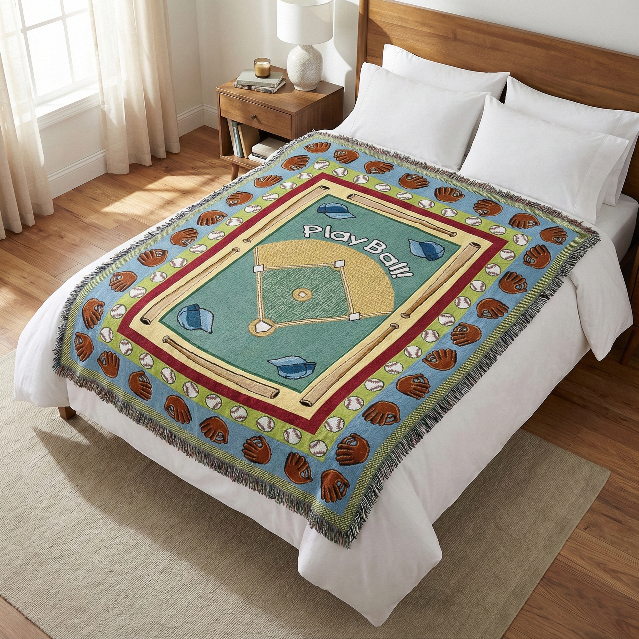 Tapestry throw blanket with baseball theme on a bed in a bedroom