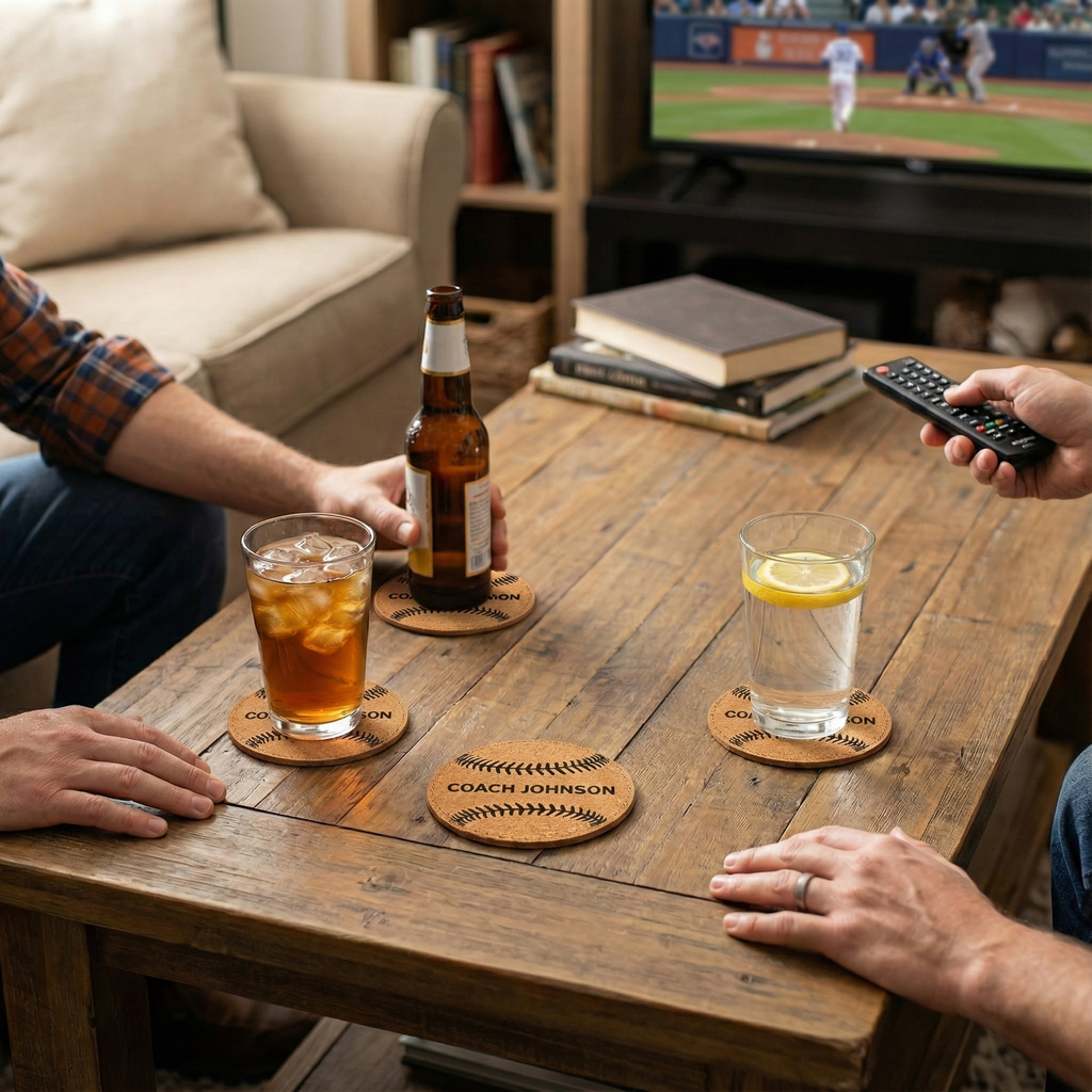 Two people sitting at a wooden table with drinks on baseball coasters and a TV showing a baseball game in the background.