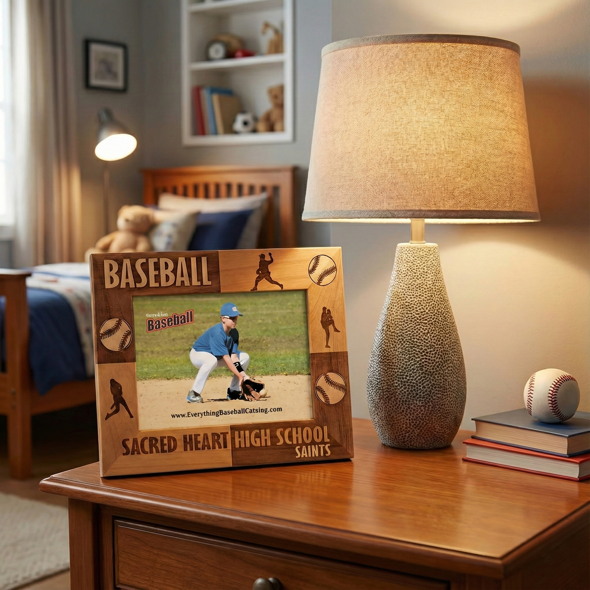 Baseball-themed wooden picture frame on a nightstand with a lamp and books in a bedroom setting.