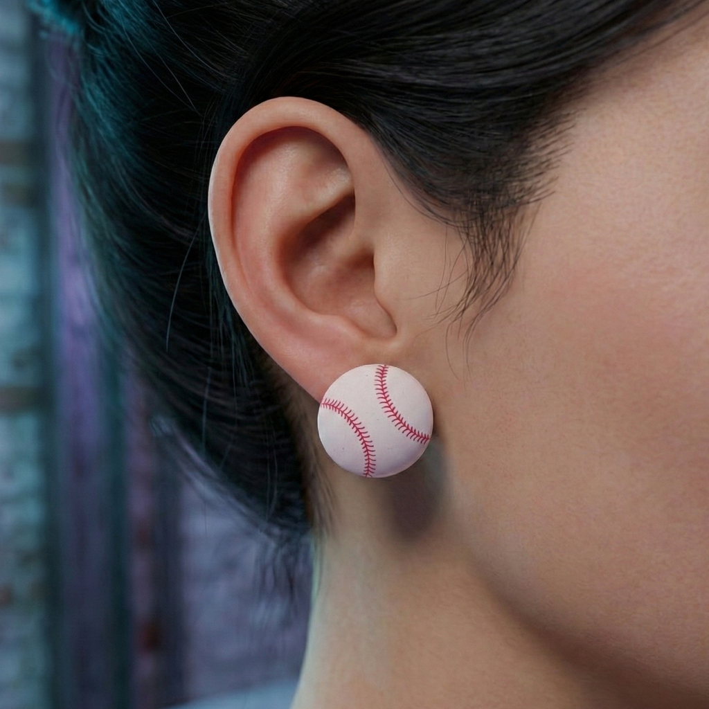 Close-up of an ear wearing a baseball-shaped earring with a blurred background
