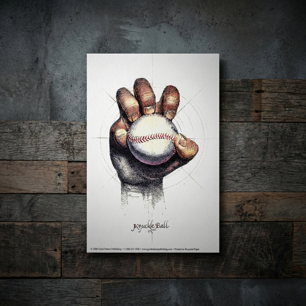 Knuckle Ball baseball art on a wooden surface with a dark background