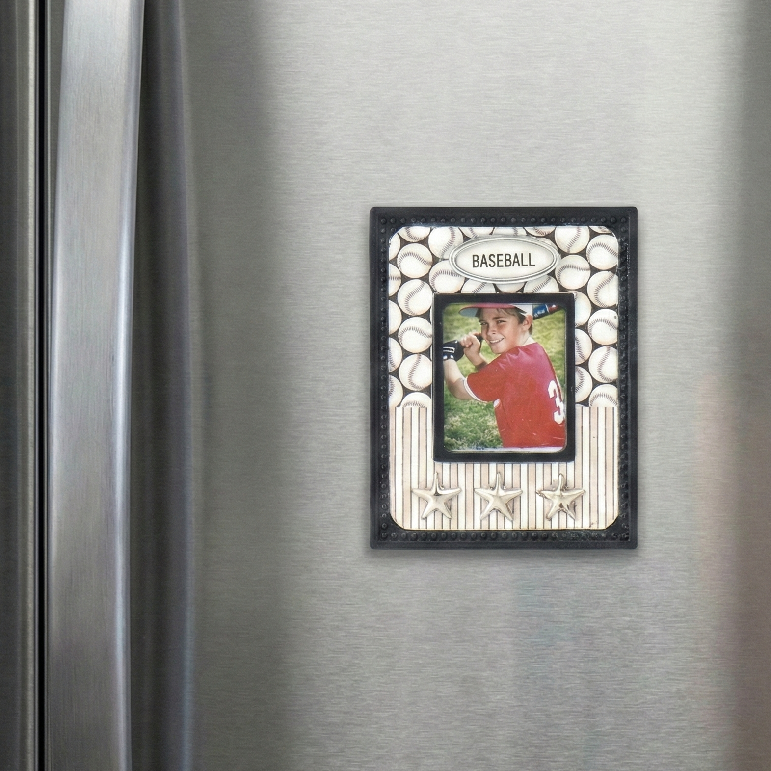 Mini Magnetic Baseball Photo Frame on a refrigerator.