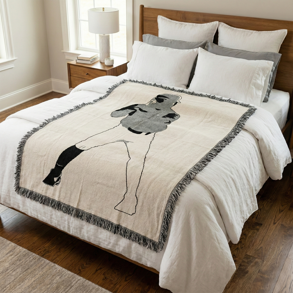 Bed with a decorative blanket featuring a black and white baseball batter design on a wooden floor.