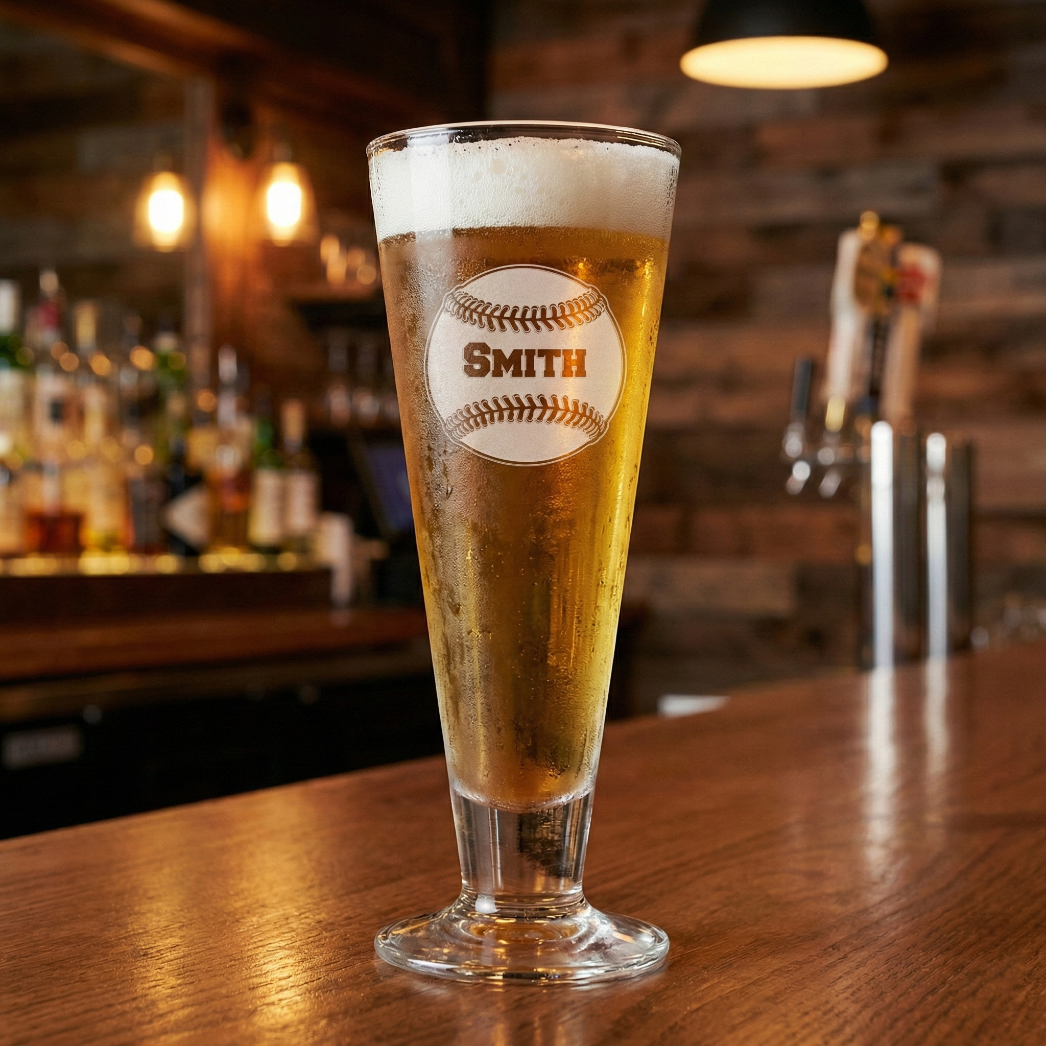 Classic pilsner glass of cold beer personalized with etched baseball name on a bar counter