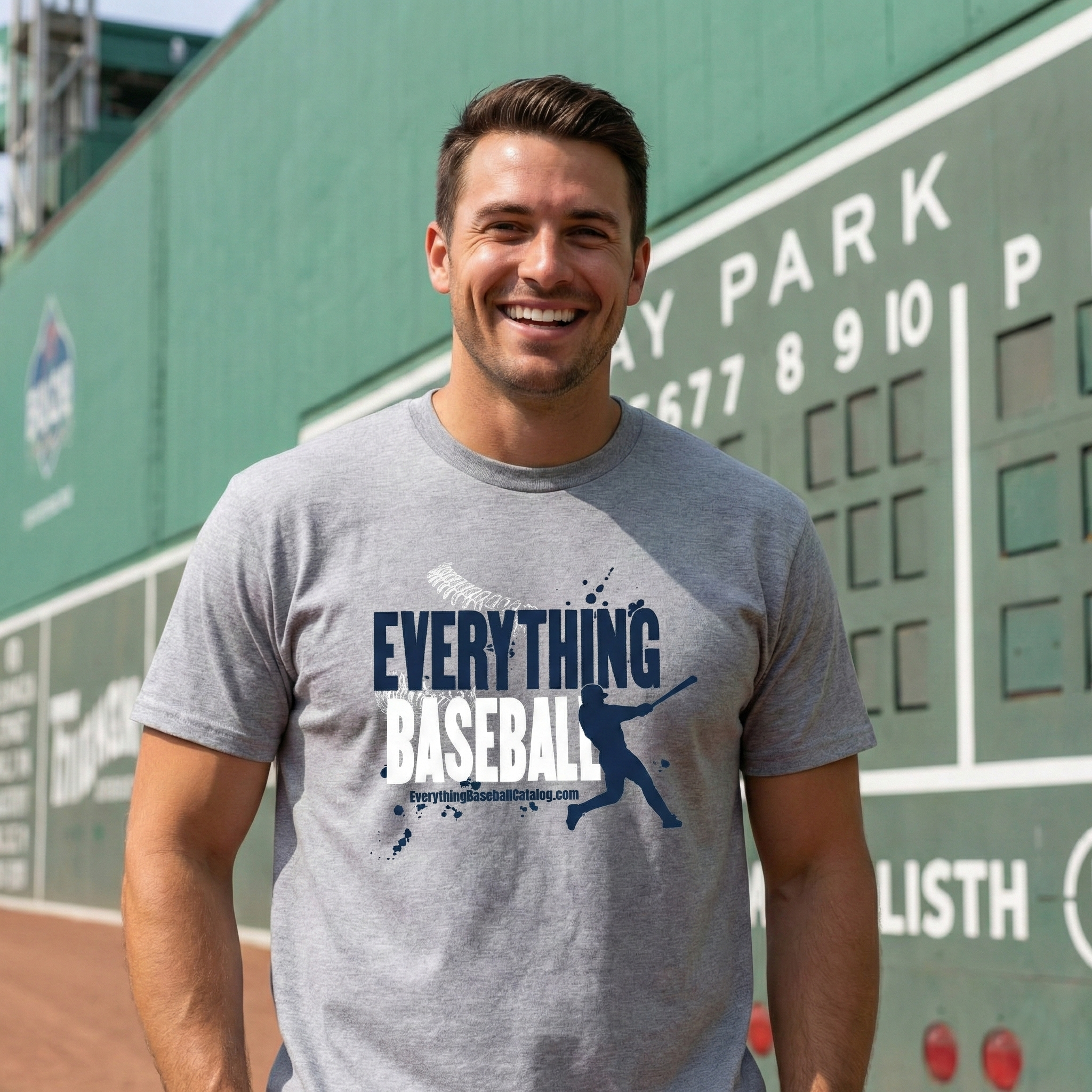Man wearing a gray t-shirt with 'Everything Baseball' design in front of the Green Monster at Fenway Park in Boston.