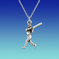 Silver baseball player pendant on a chain against a gradient blue background