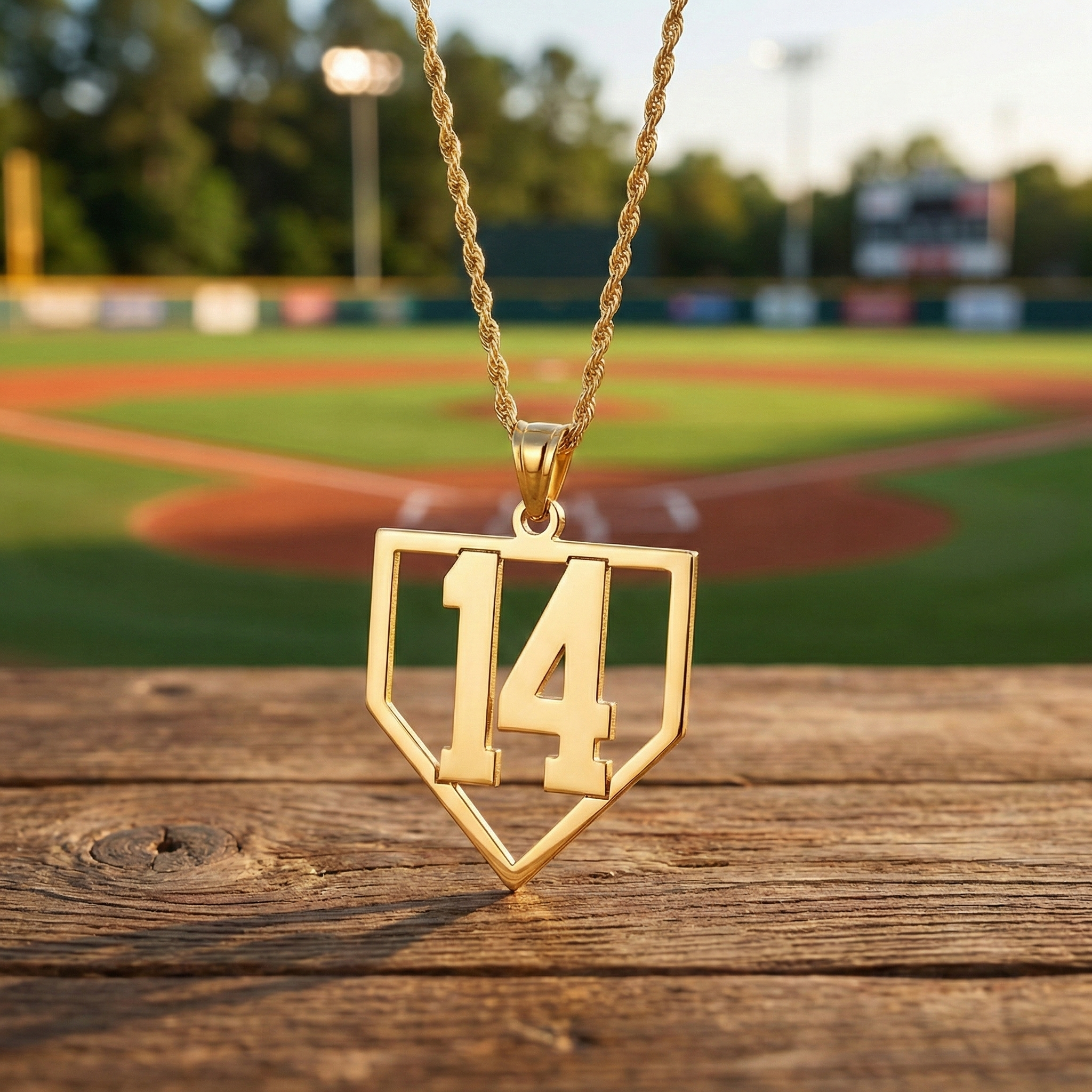 Gold baseball number home plate necklace with a '14' pendant on a wooden surface with a baseball field background