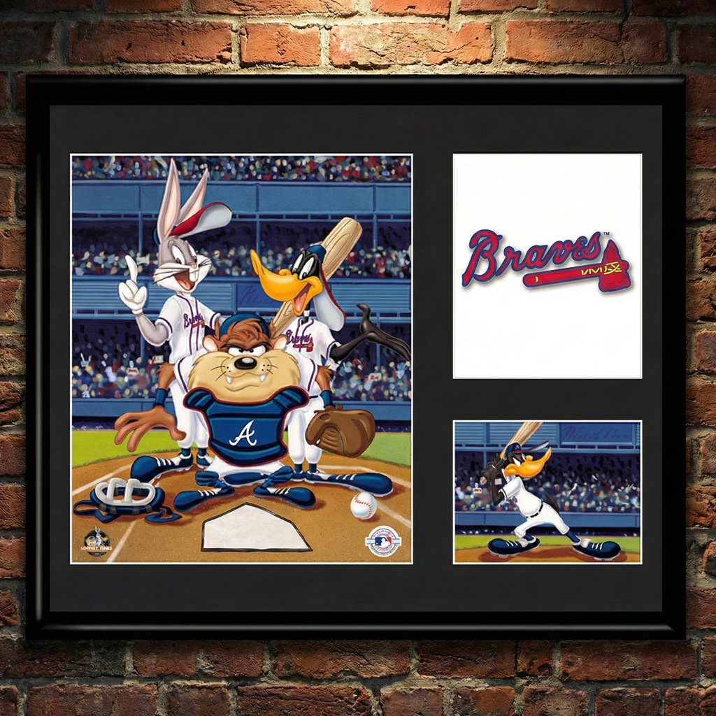 Looney Tunes MLB Baseball Team Framed Lithograph with Atlanta Braves logo.