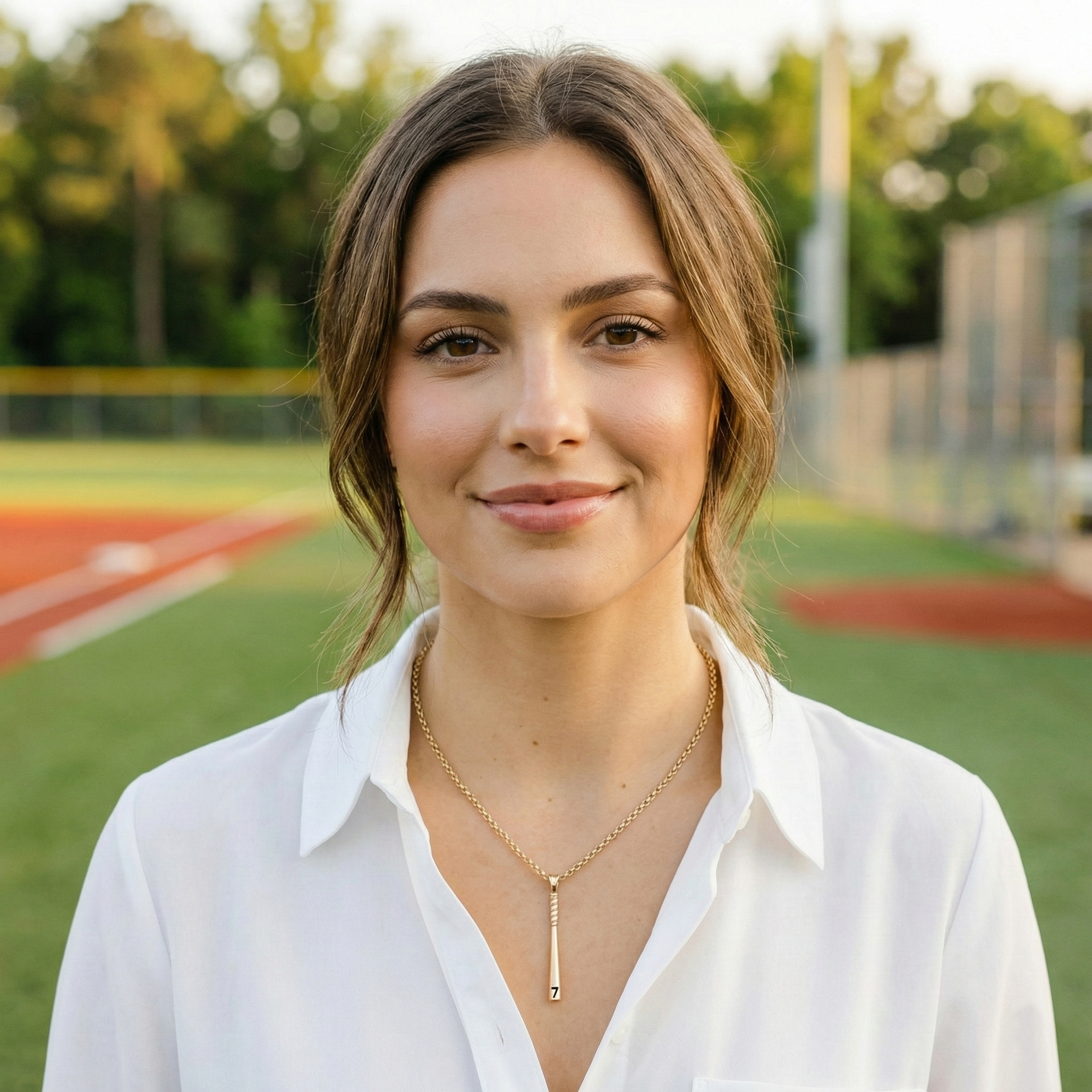 Woman wearing a white shirt and gold baseball number bat necklace on a sports field