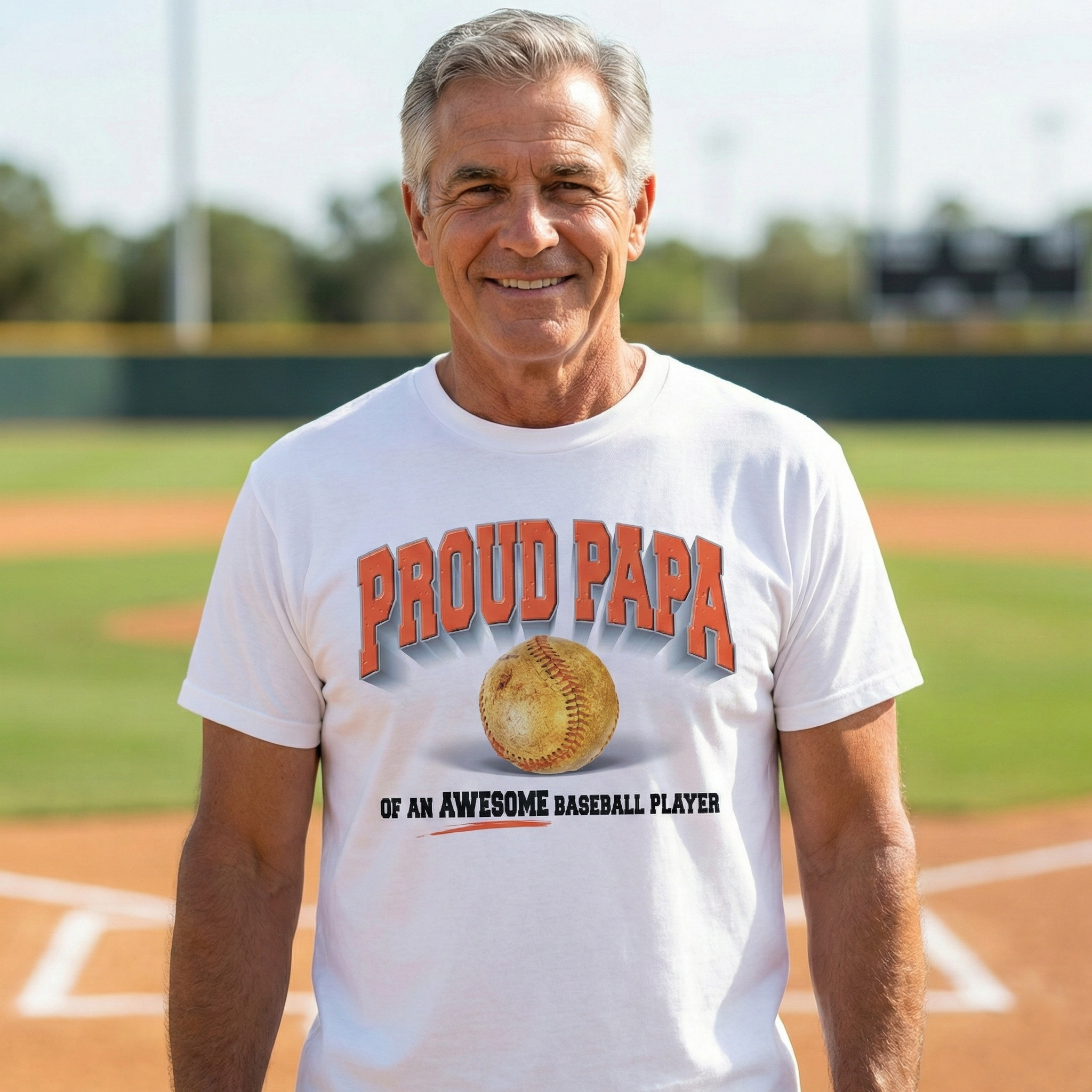 Man wearing a 'Proud Papa of an Awesome Baseball Player' t-shirt on a baseball field.