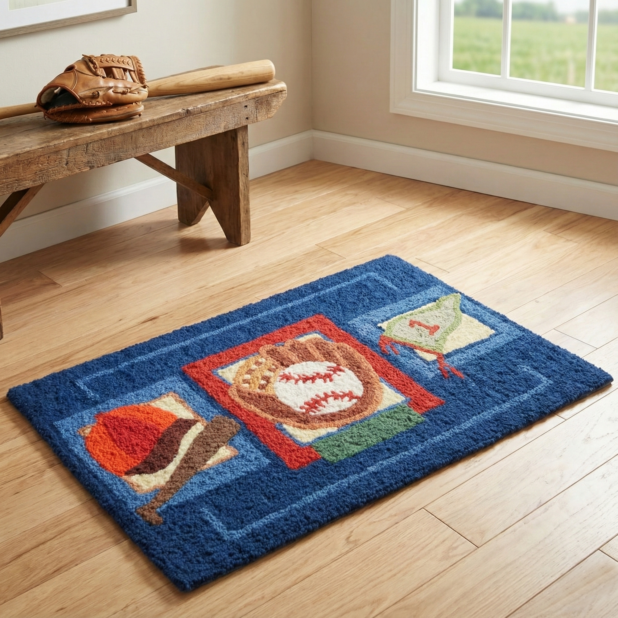 Decorative baseball time jellybean rug with sports-themed design on a wooden floor
