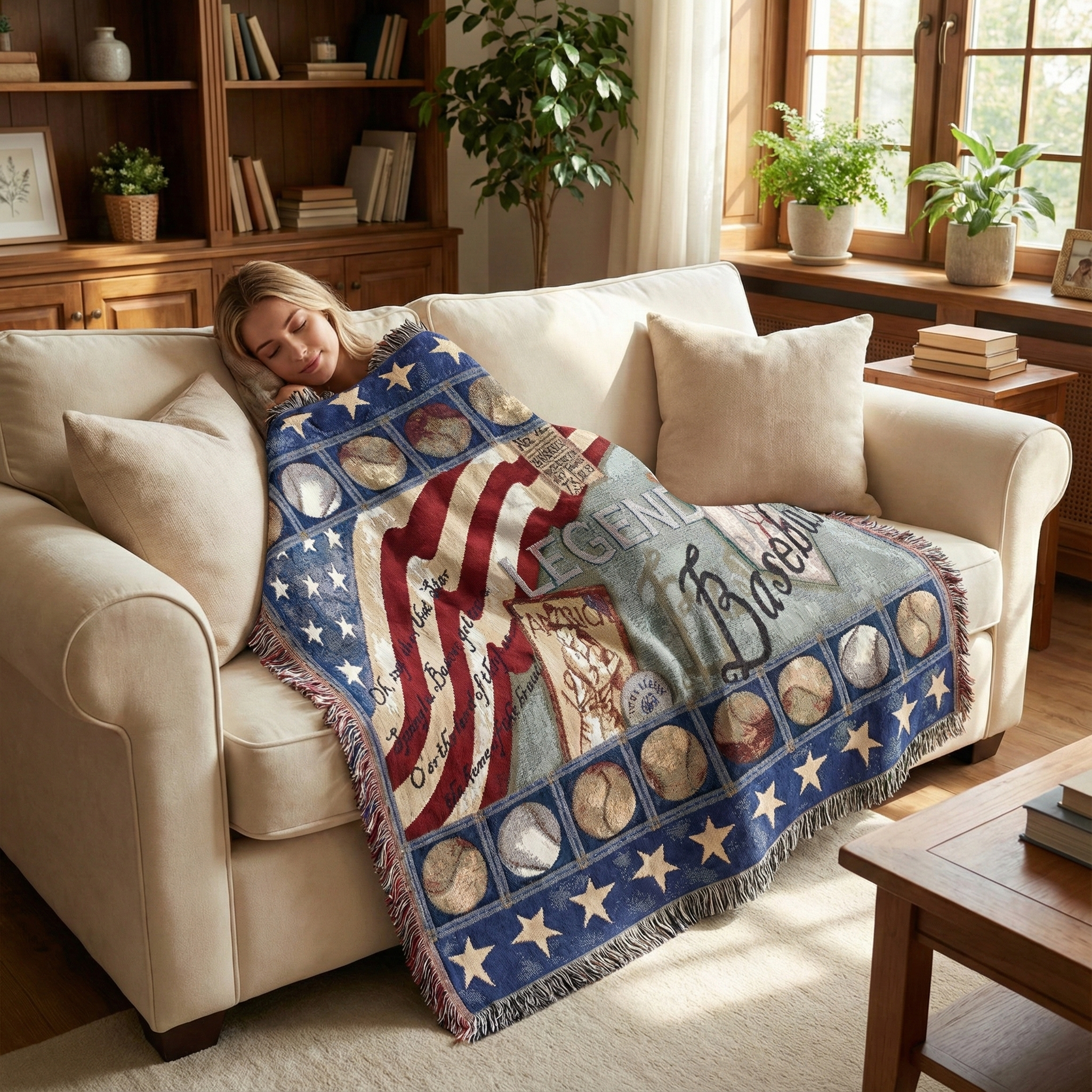 Woman lying on a couch with a decorative blanket featuring American flag and baseball design.