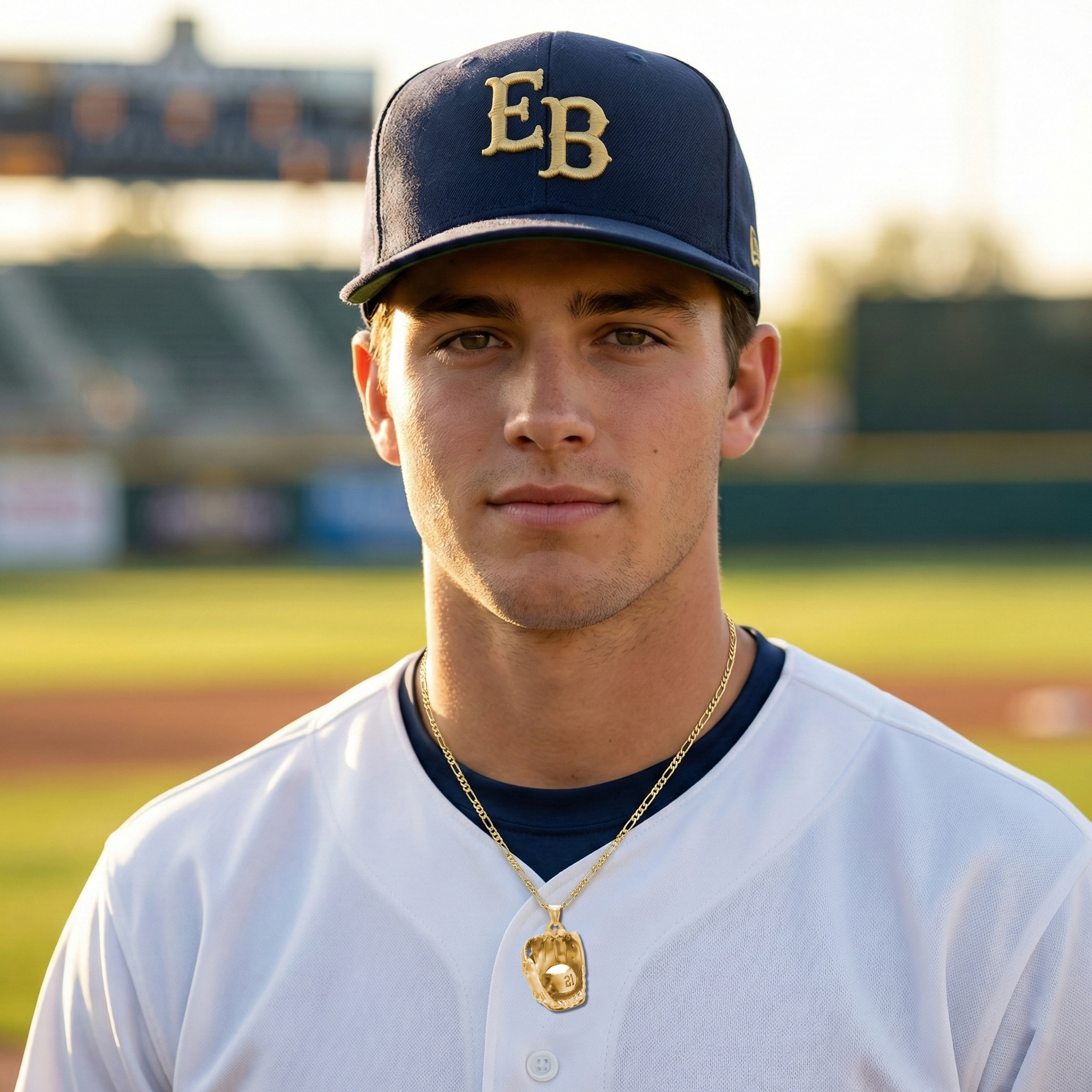 Baseball player wearing an 'EB' cap and a gold necklace featuring a custom baseball number glove pendant and white jersey on a baseball field