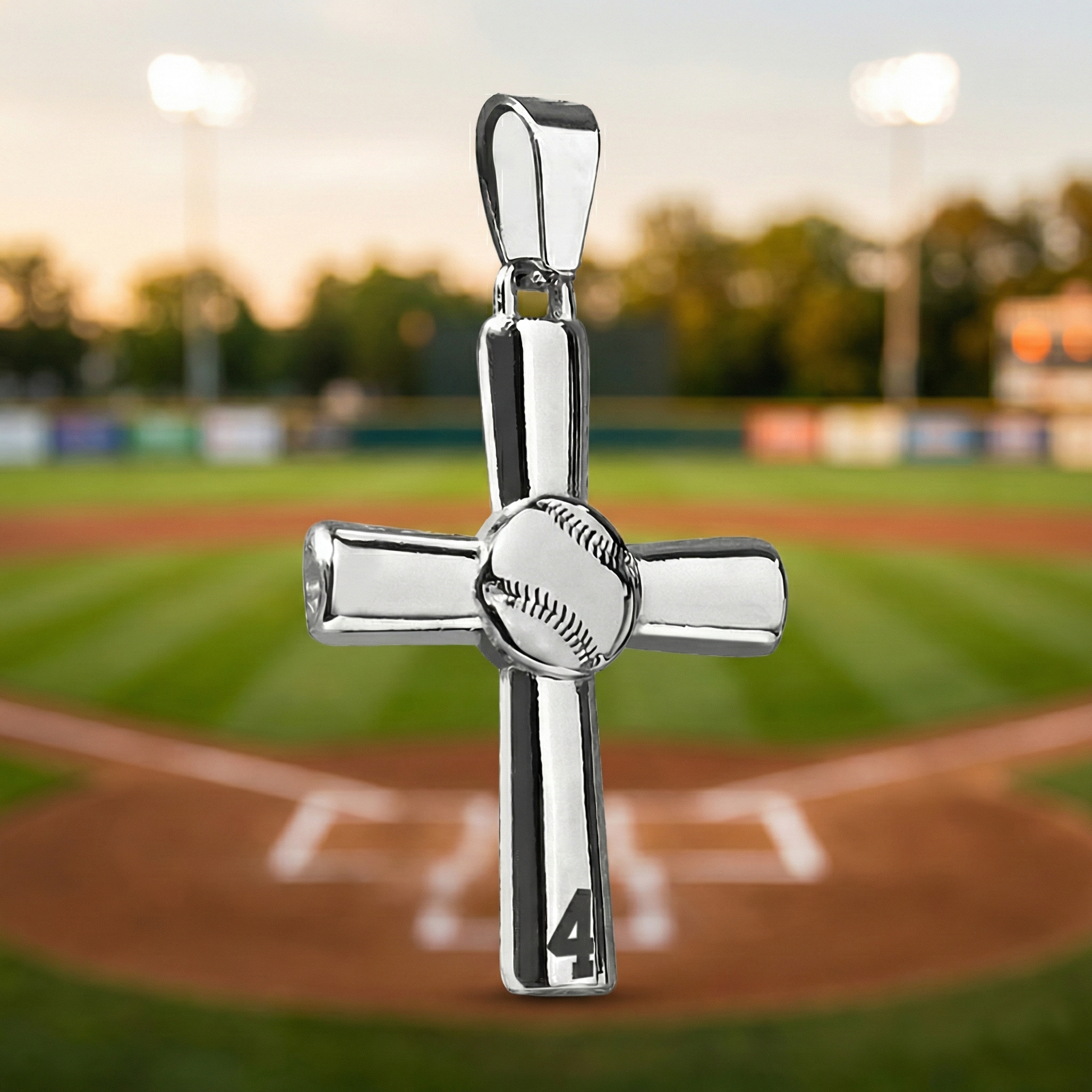 Silver baseball number cross pendant with a baseball design on a baseball field background