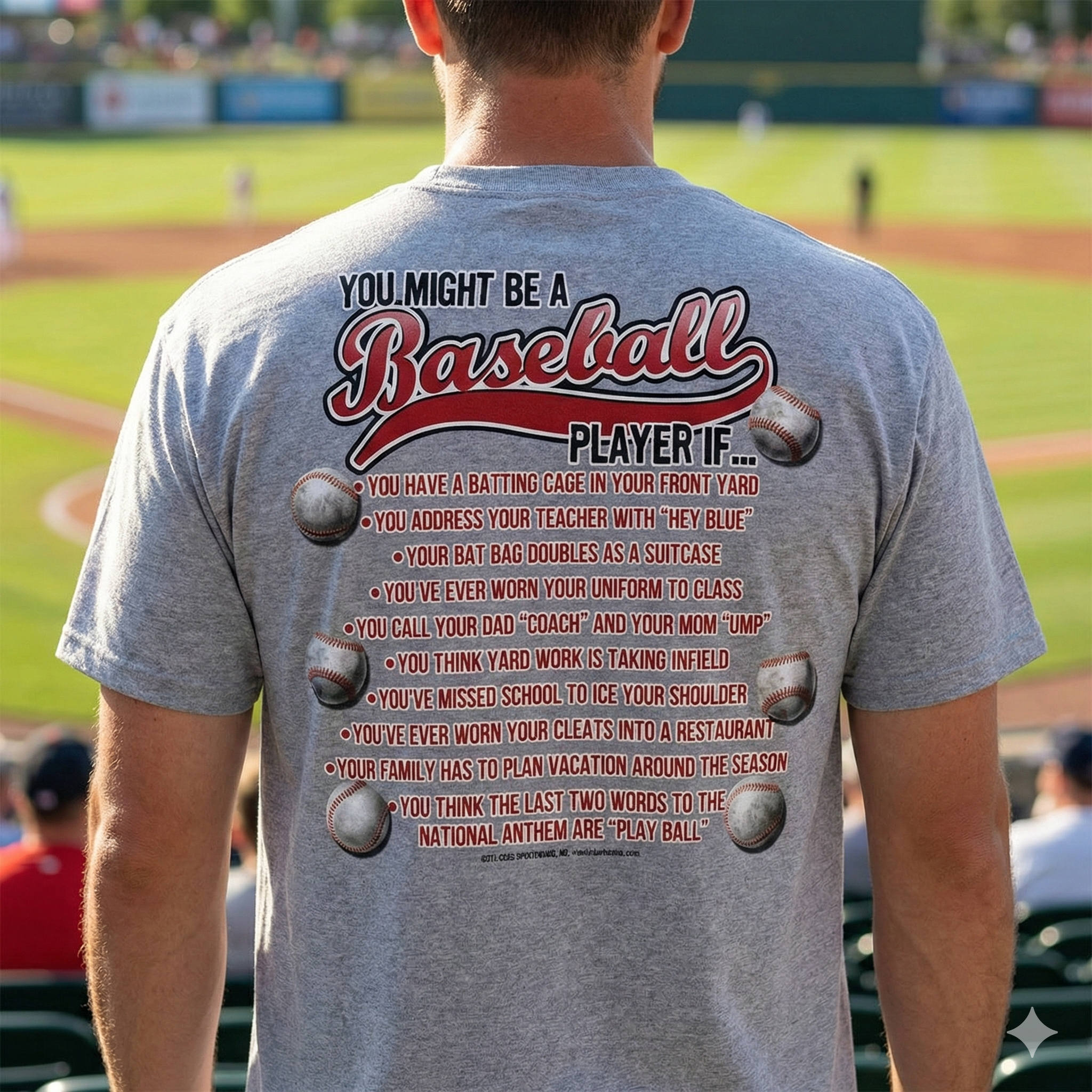 Person wearing a funny baseball t-shirt with humorous baseball player bullets at a baseball field.