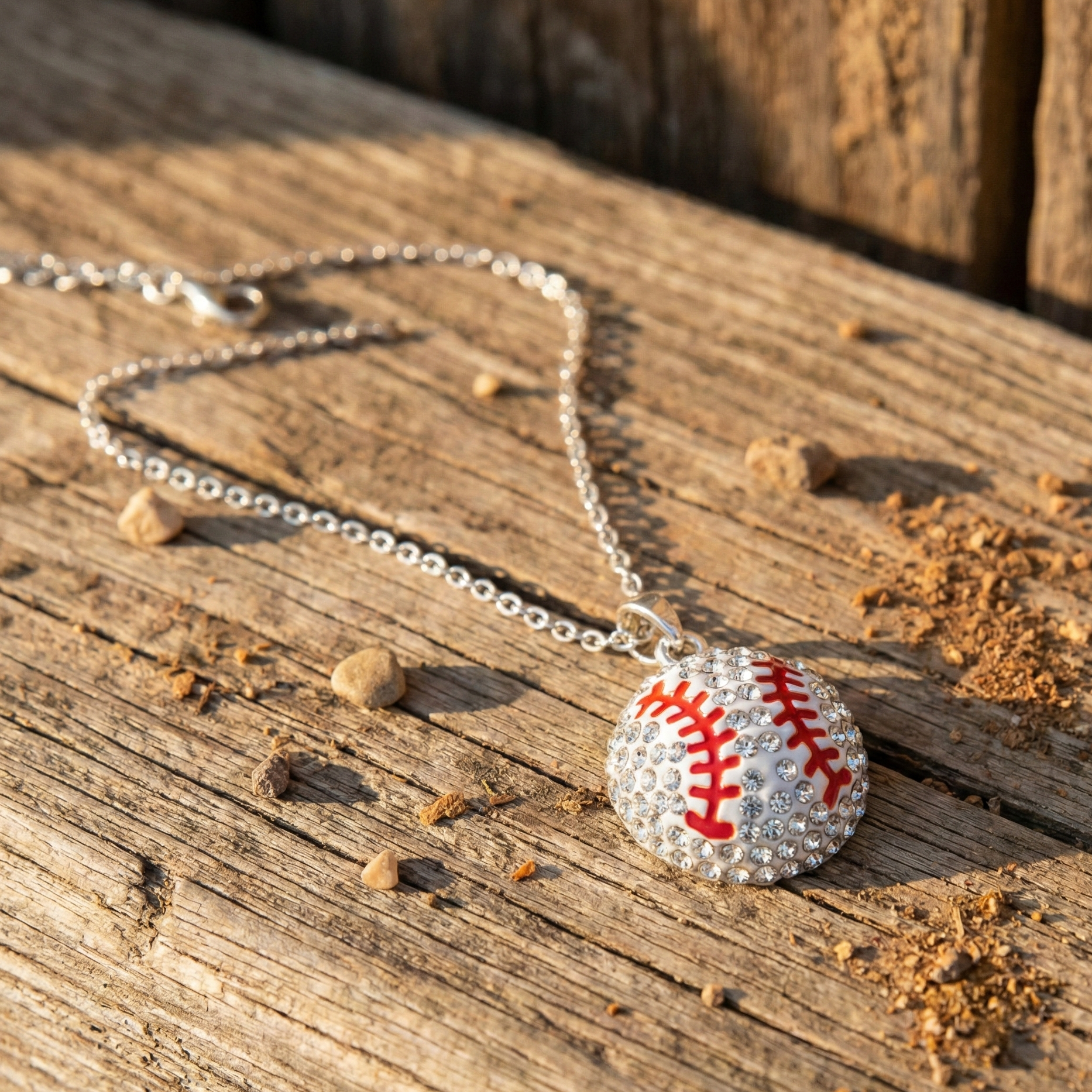Silver necklace with a crystal baseball pendant on a wooden surface with dirt