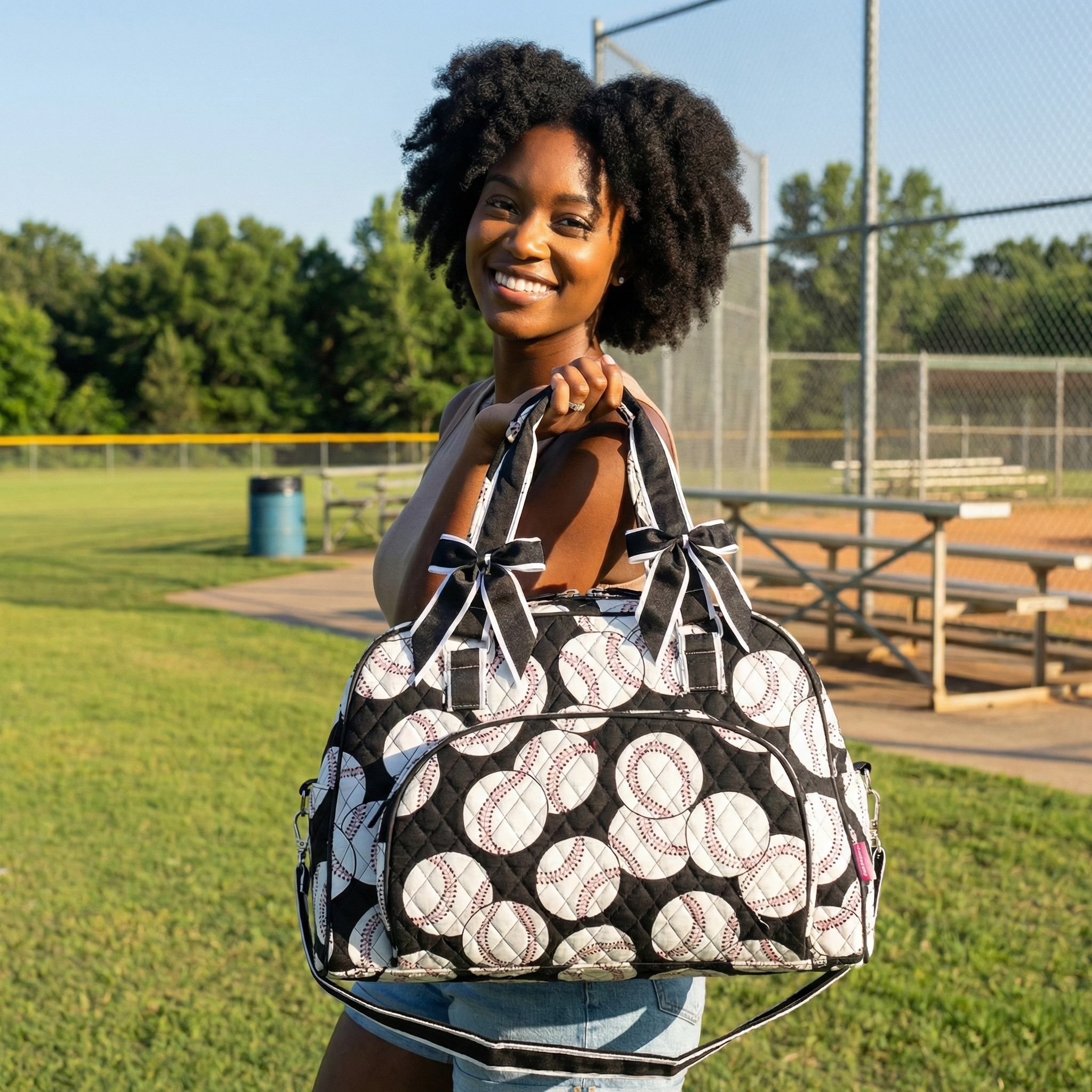 NGIL Baseballs on Black Small Quilted Duffel Bag carried by a pretty woman at the ballpark