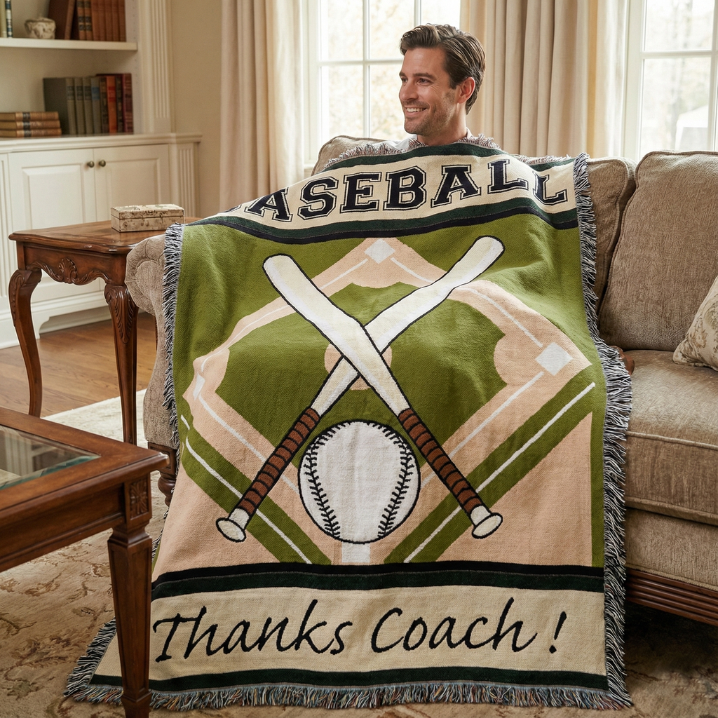 Man sitting on a couch with a baseball-themed blanket that says 'Thanks Coach!' in a living room.