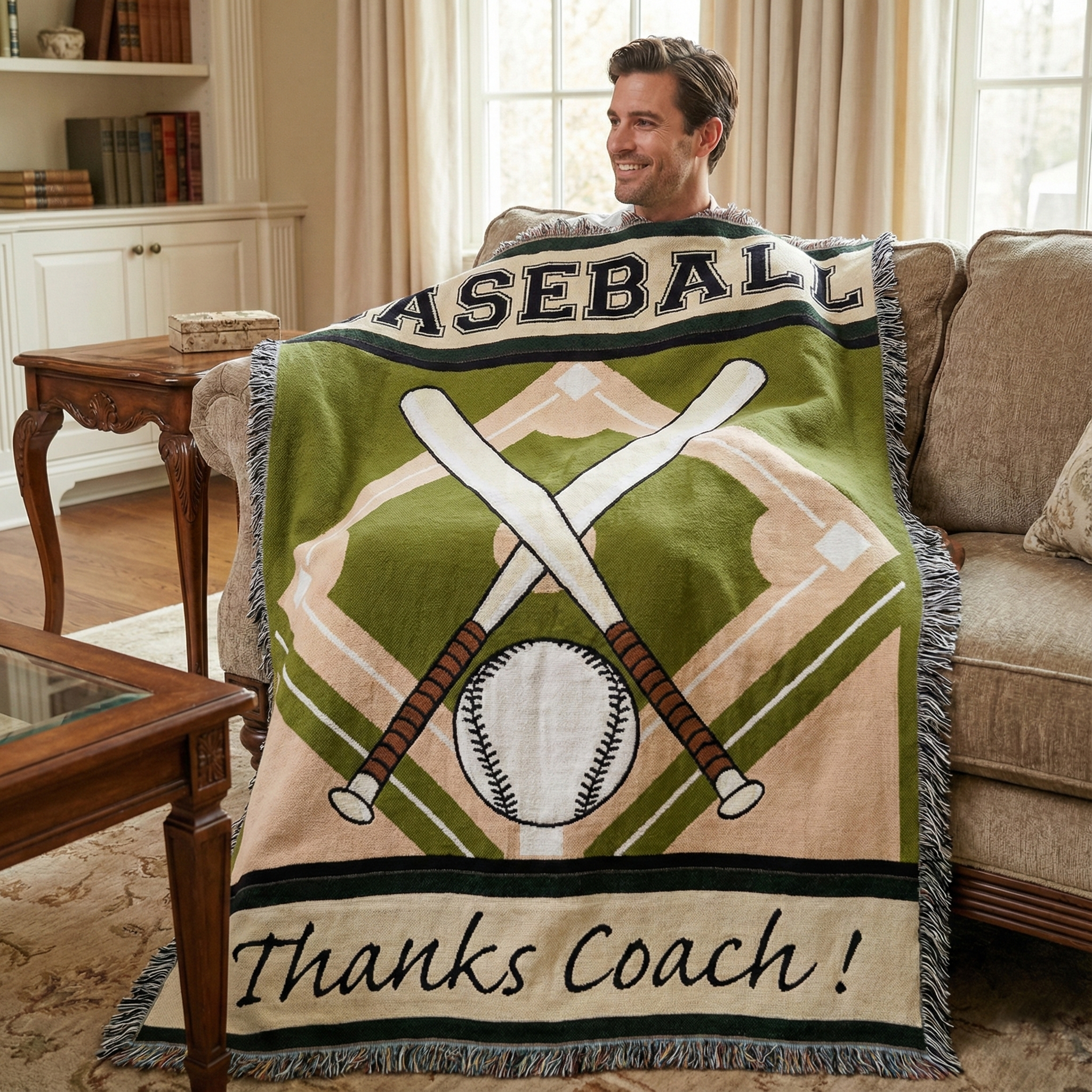 Man sitting on a couch with a baseball-themed blanket that says 'Thanks Coach!' in a living room.