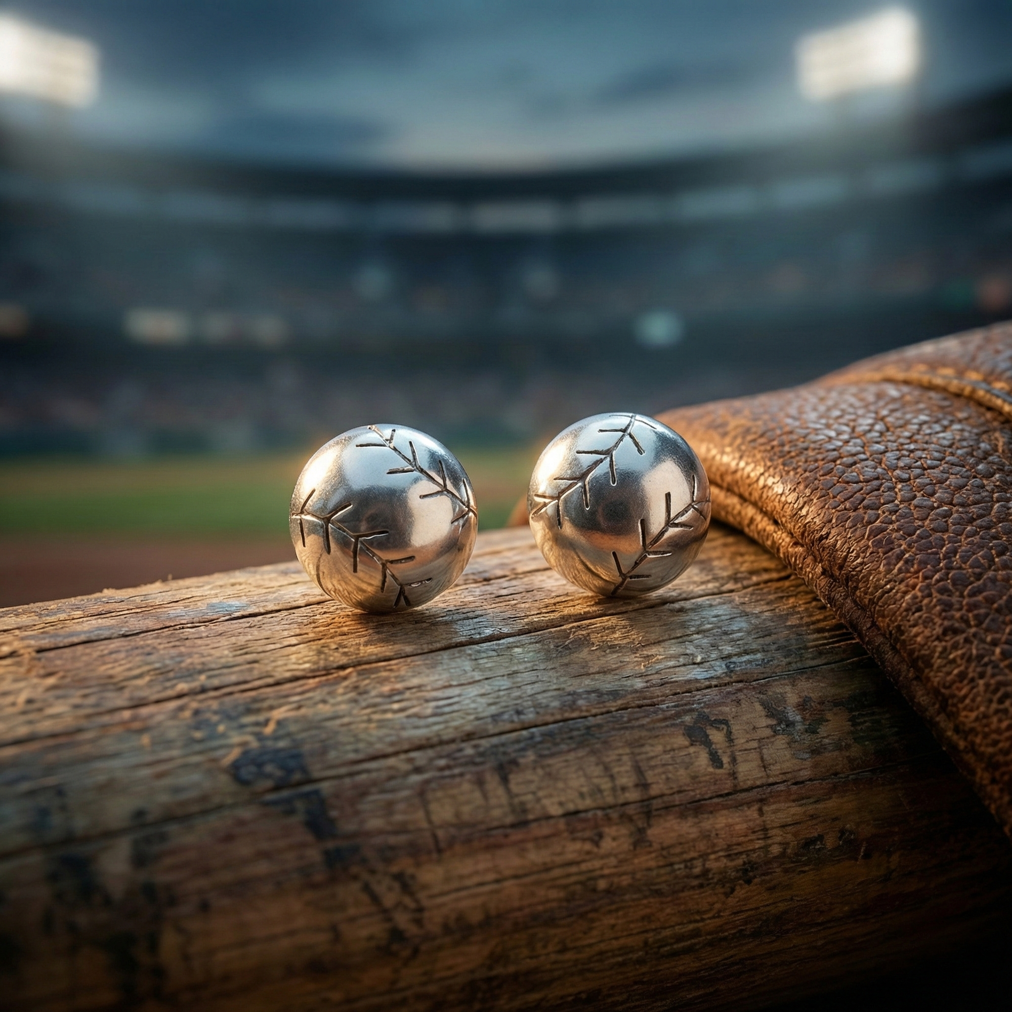 Two silver baseballs stud earrings on a wooden surface with a blurred stadium background