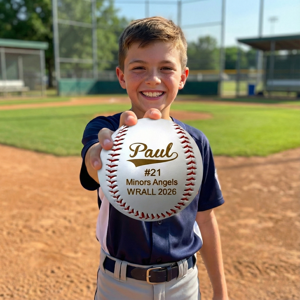 Young boy holding a custom baseball with personalized text on a baseball field