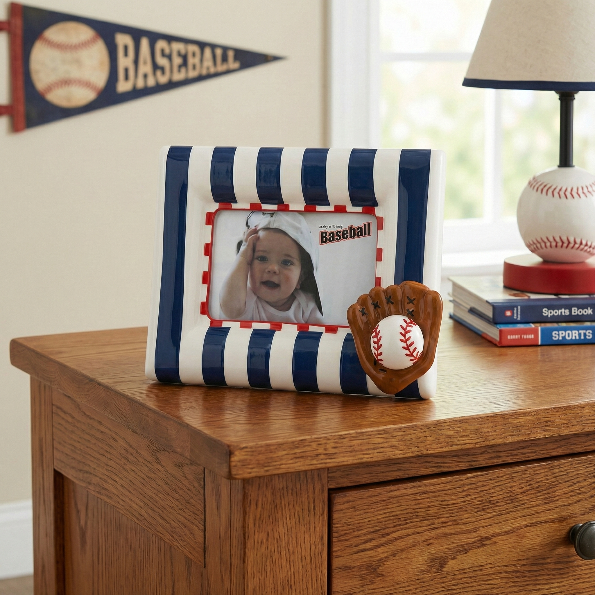 Baseball theme picture frame with a baby photo on a wooden surface, with a baseball and lamp in the background.