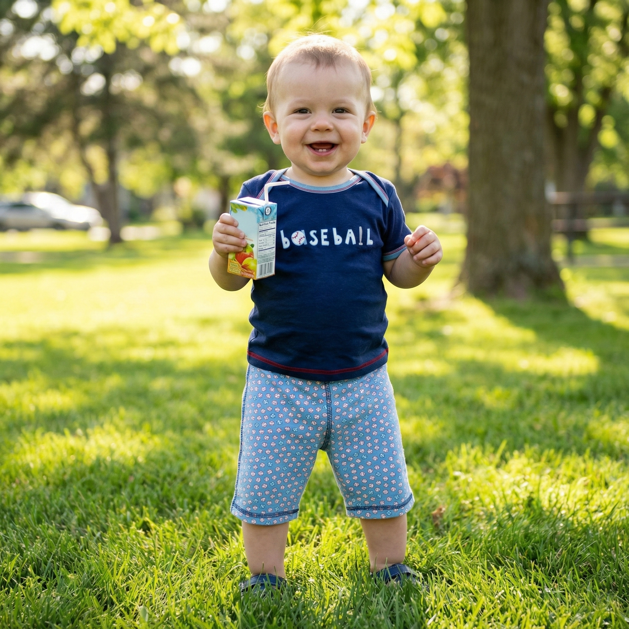 Child in a park wearing a 'Baseball' shirt and holding a juice box.