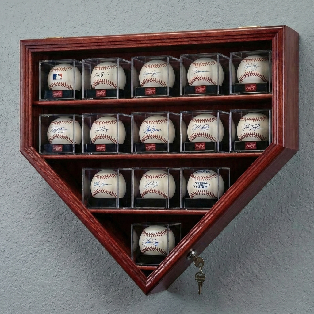 Wooden display case shaped like a home plate with signed baseballs on a gray wall.