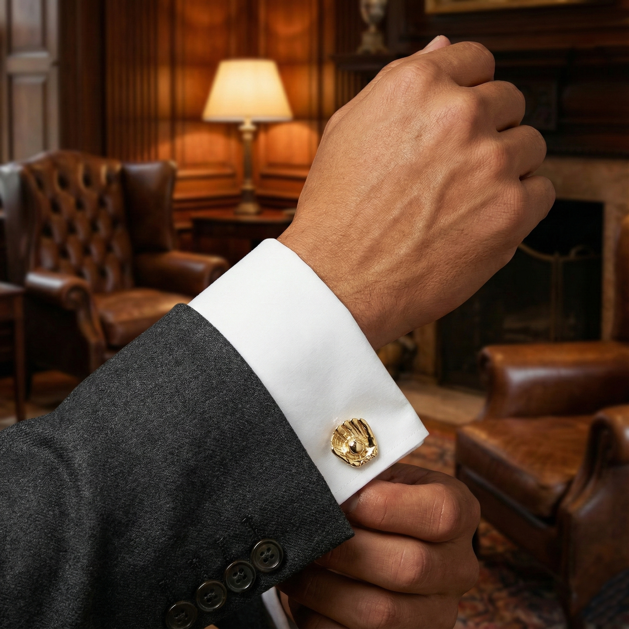 Close-up of a hand wearing a suit with a gold baseball glove cufflink in an elegant room.
