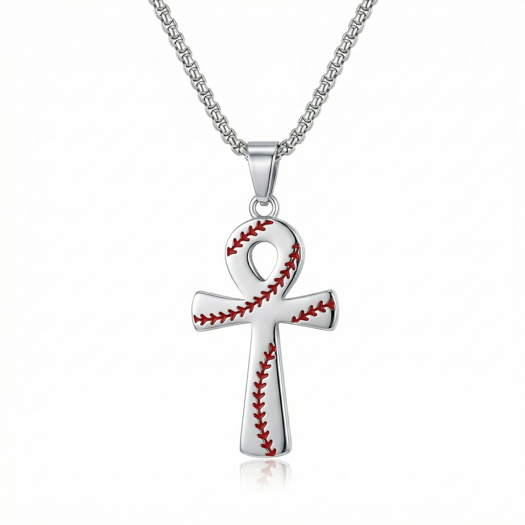 Silver cross pendant with baseball stitching design on a white background
