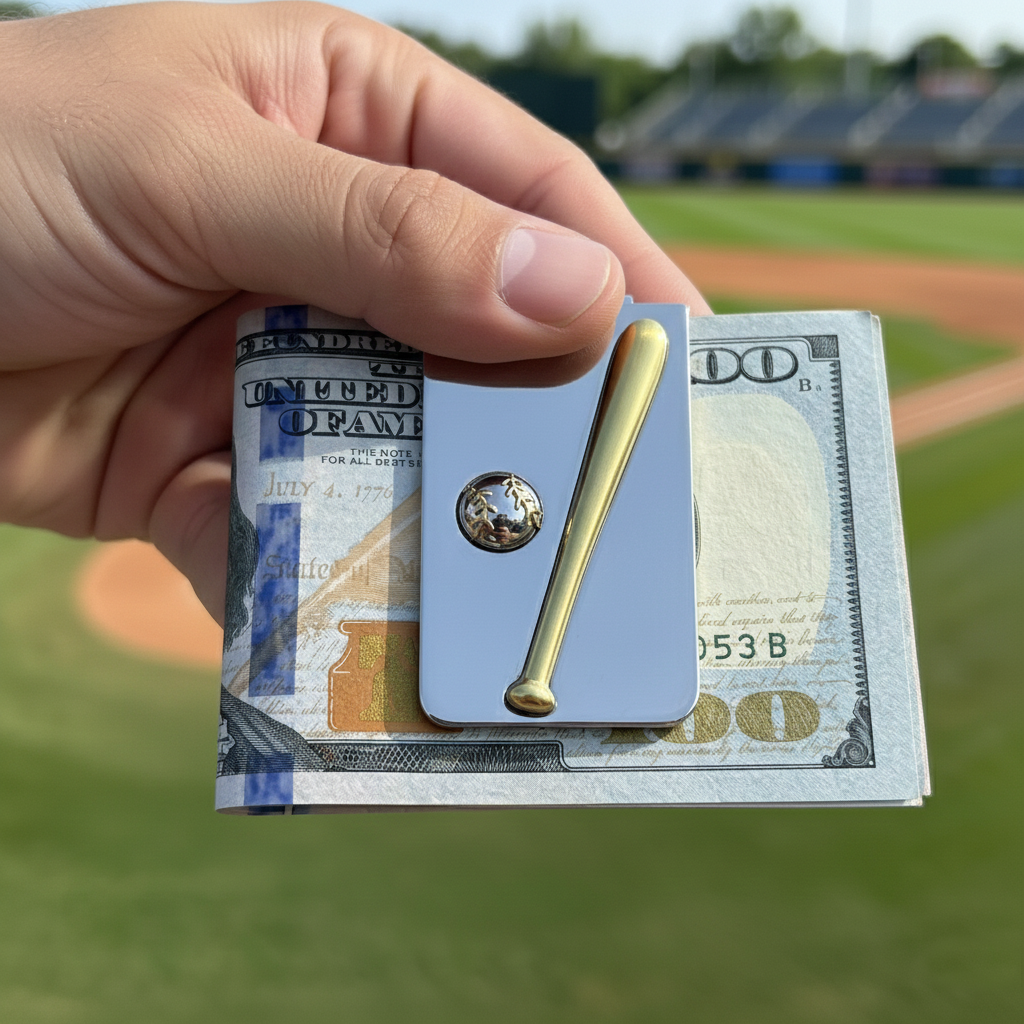 Hand holding a silver and gold baseball money clip holding cash with a baseball field in the background