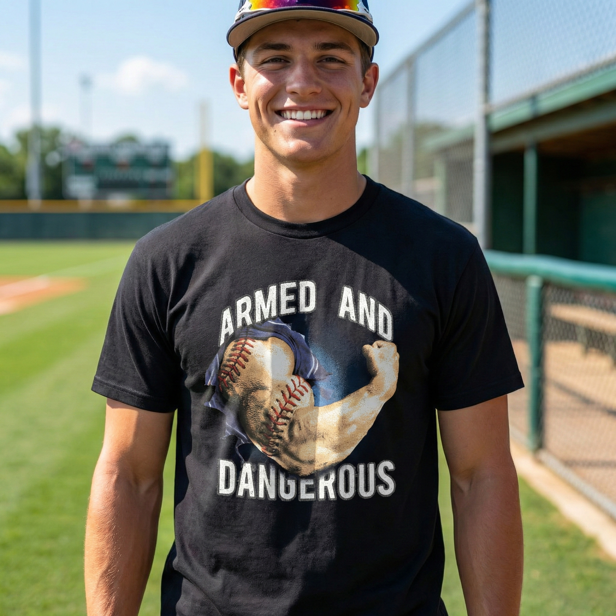 Person wearing a black baseball Armed and Dangerous t-shirt on a baseball field.