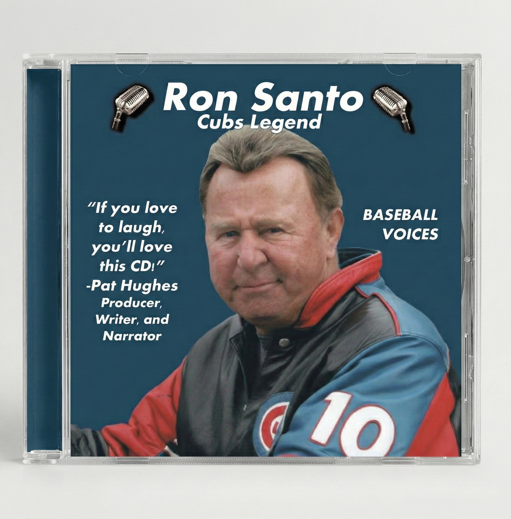 CD cover featuring Ron Santo with text about baseball voices and a quote from Pat Hughes.