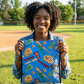 Person holding a colorful baseball tote bag with text and graphics on a baseball field