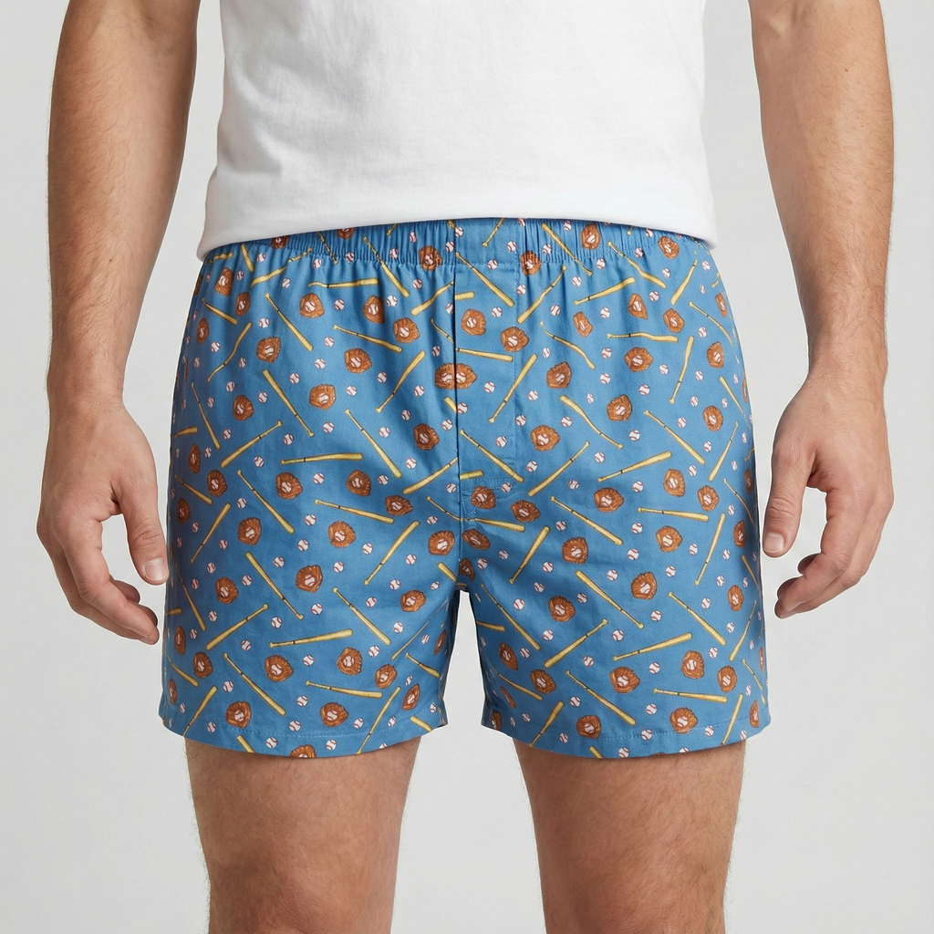 Blue boxer shorts with a baseball pattern worn by a person on a white background