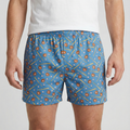 Blue boxer shorts with a baseball pattern worn by a person on a white background