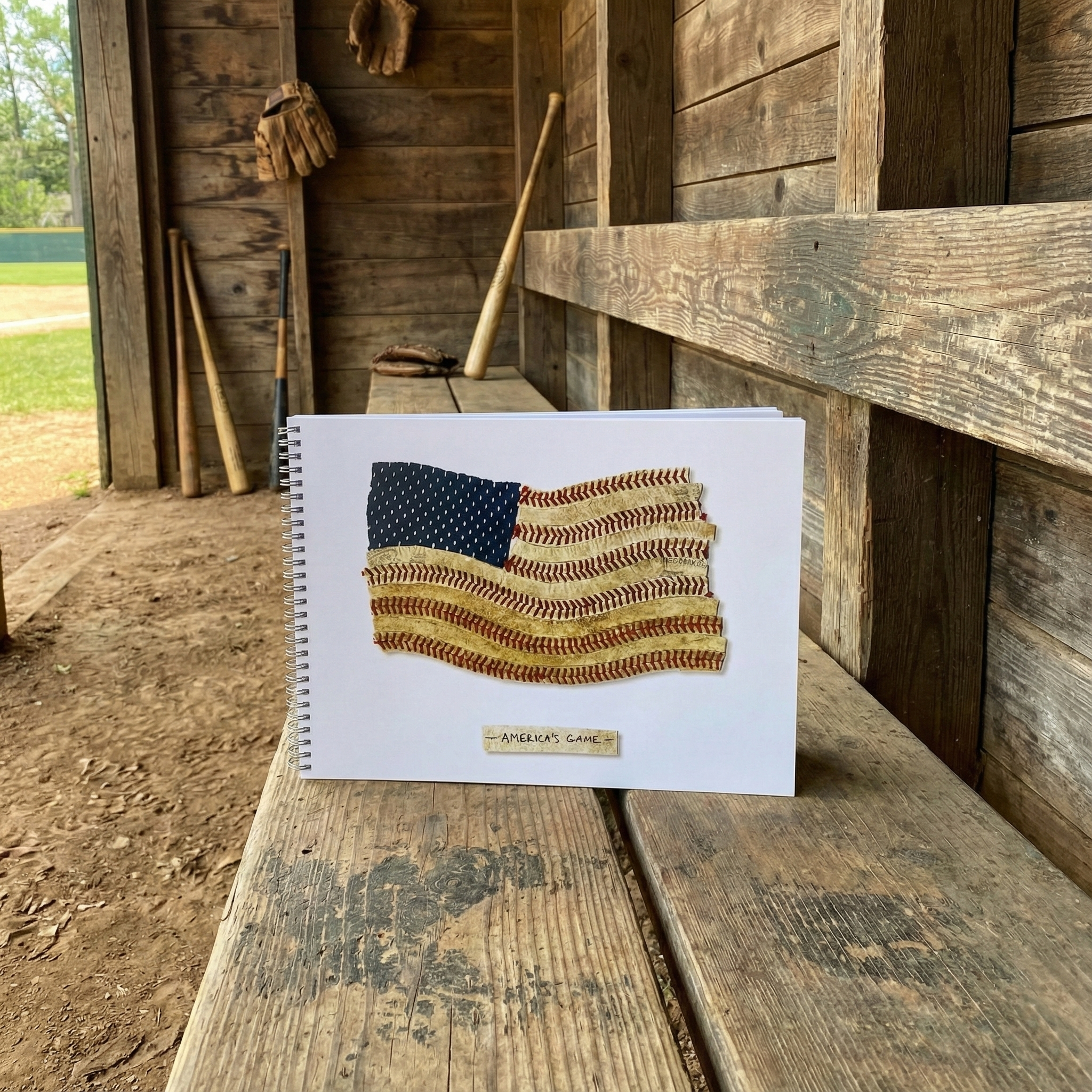 America's Game baseball scorebook on a dugout bench at a vintage baseball field.