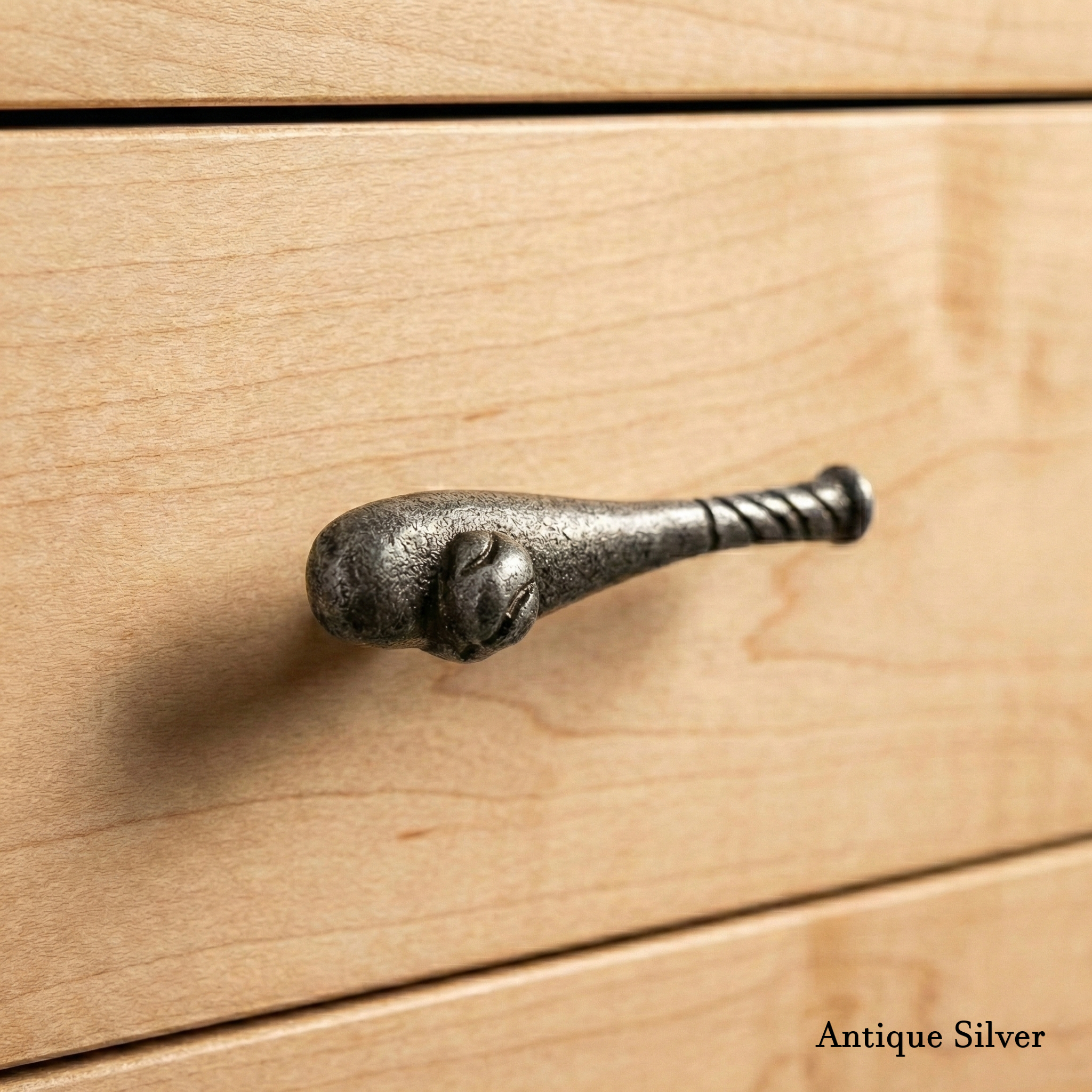 Antique Silver Baseball Bat Drawer Pull Knob on wooden drawer
