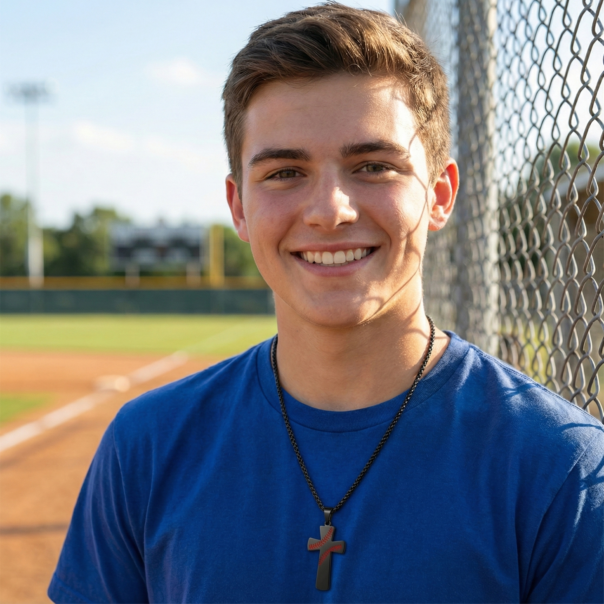 Young man in a blue shirt with a baseball cross necklace on a baseball field