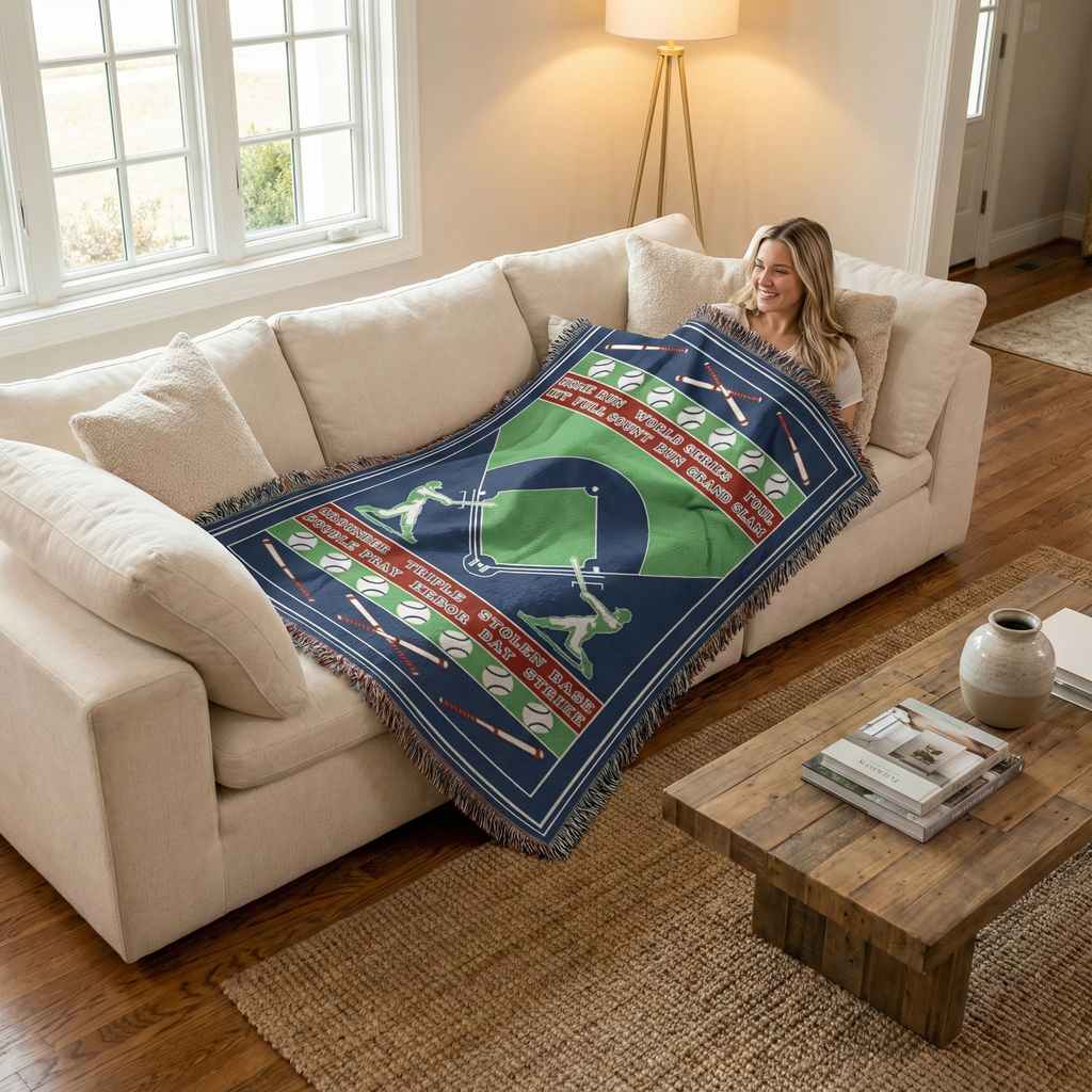 Woman sitting on a couch with a baseball field blanket, in a cozy living room.
