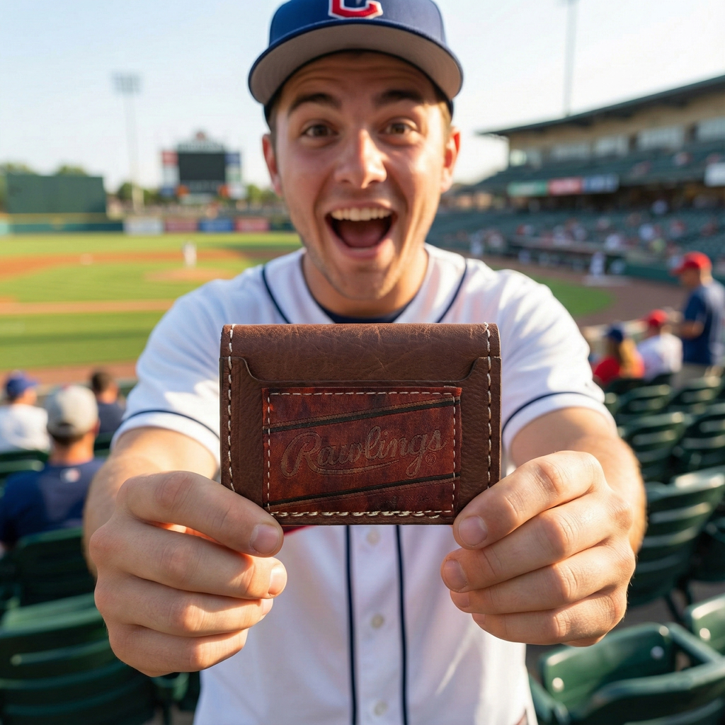 Person holding a brown leather wallet with Rawlings branding at a baseball stadium.