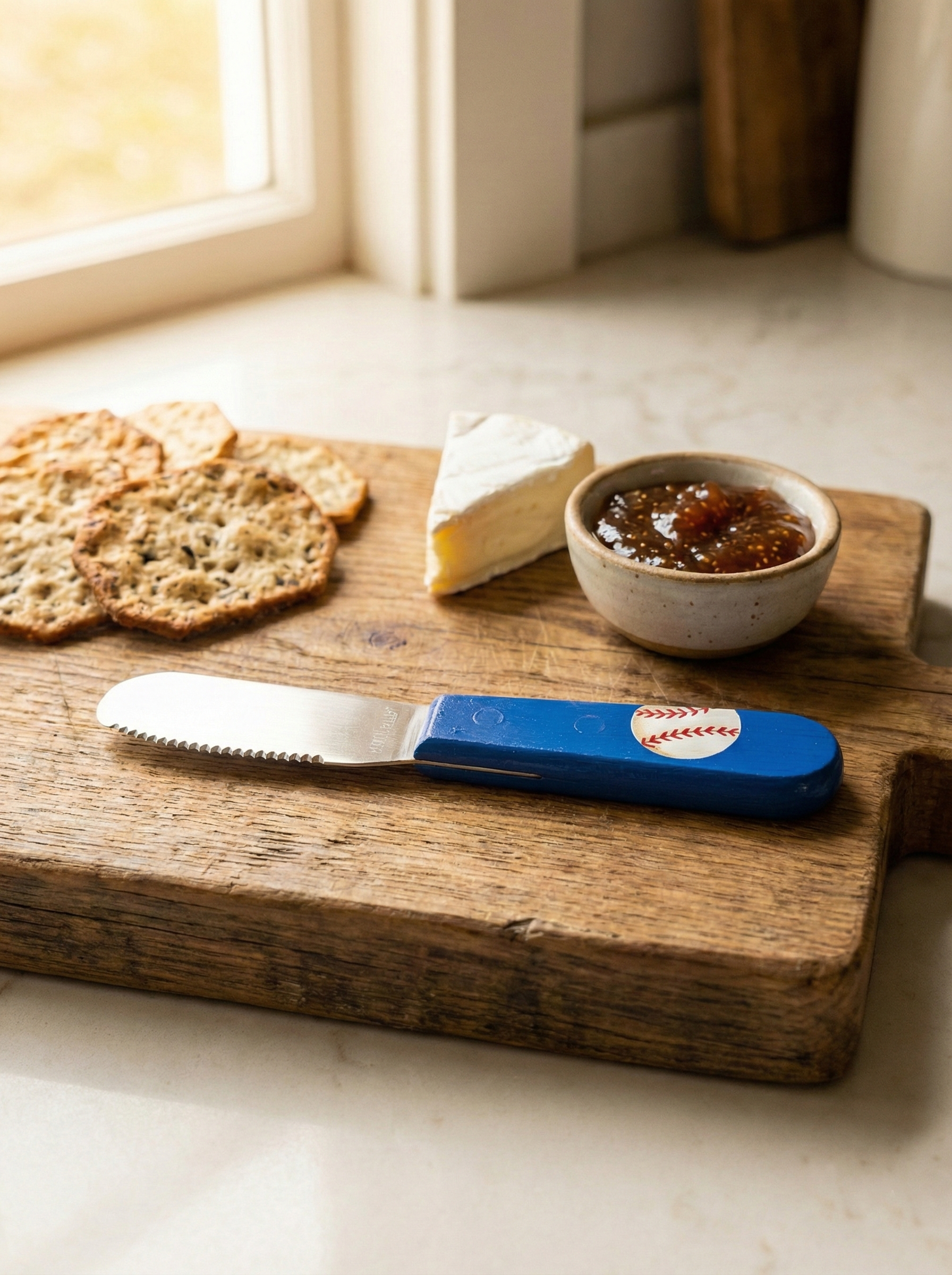 Wooden cutting board with crackers, cheese, jam, and a spreader with a baseball design.