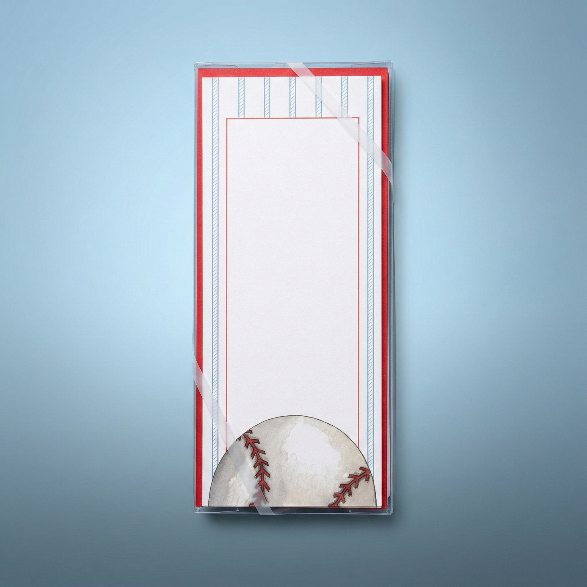 Baseball imprintable note cards with red envelopes on a blue background