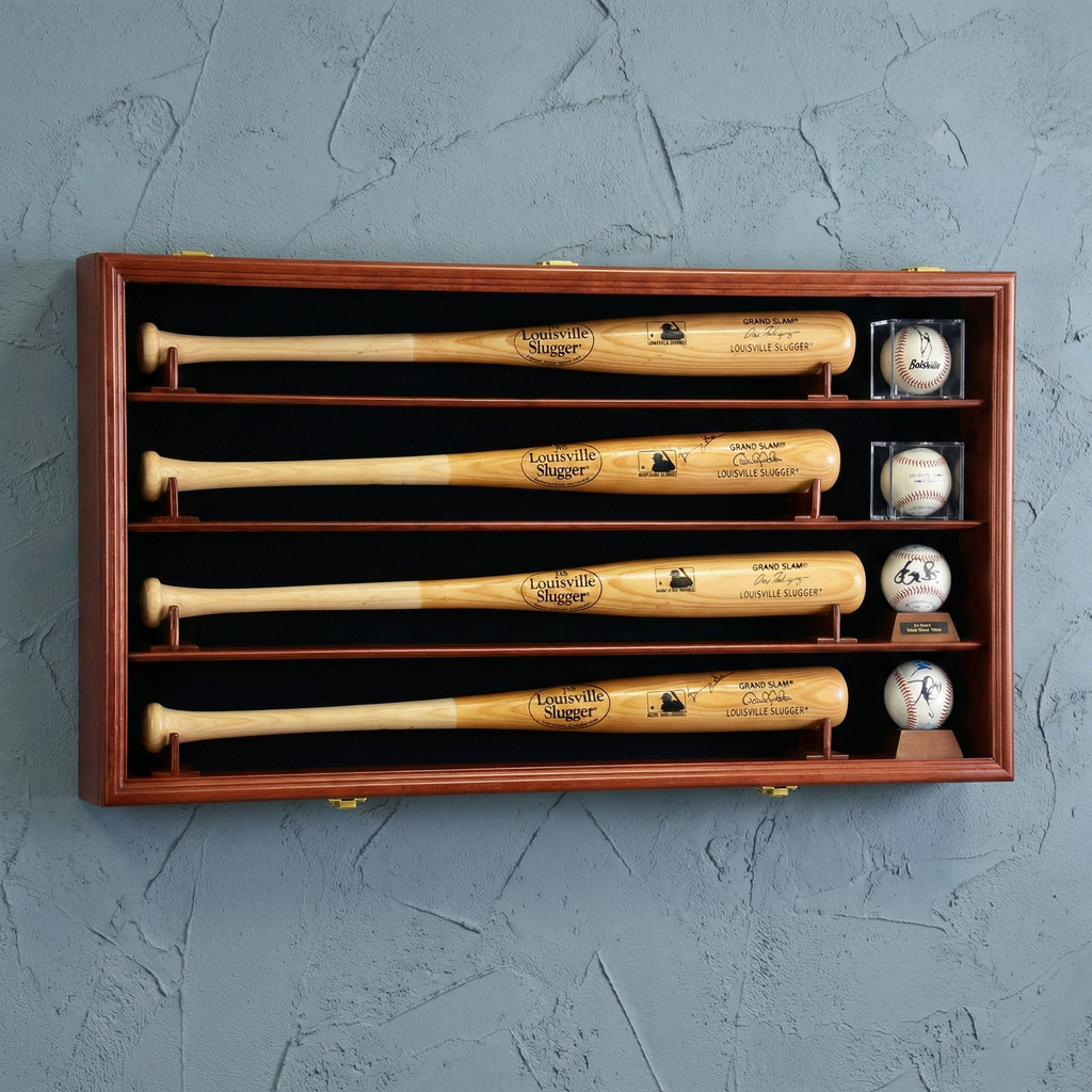 Set of Louisville Slugger baseball bats and balls in a wooden display case on a gray background