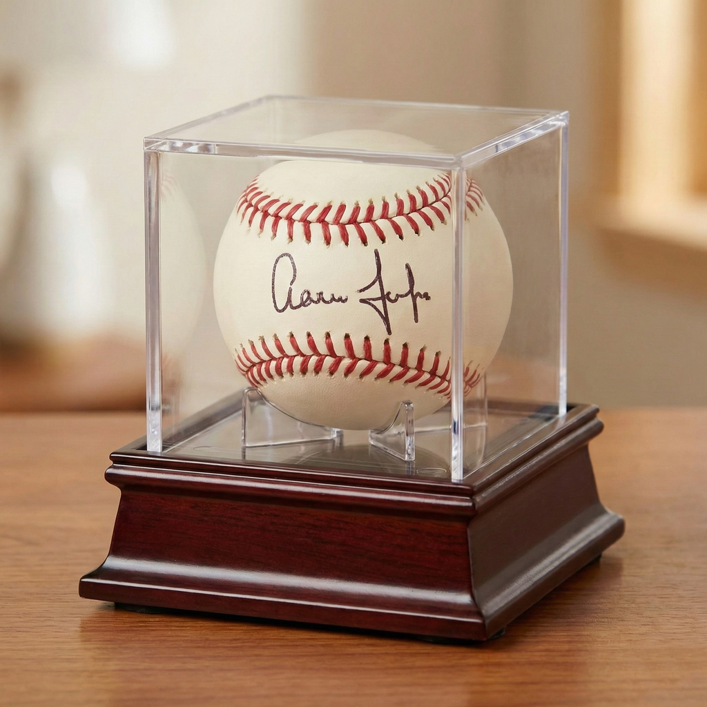 Aaron Judge signed baseball in a clear display case on a cherry wood base