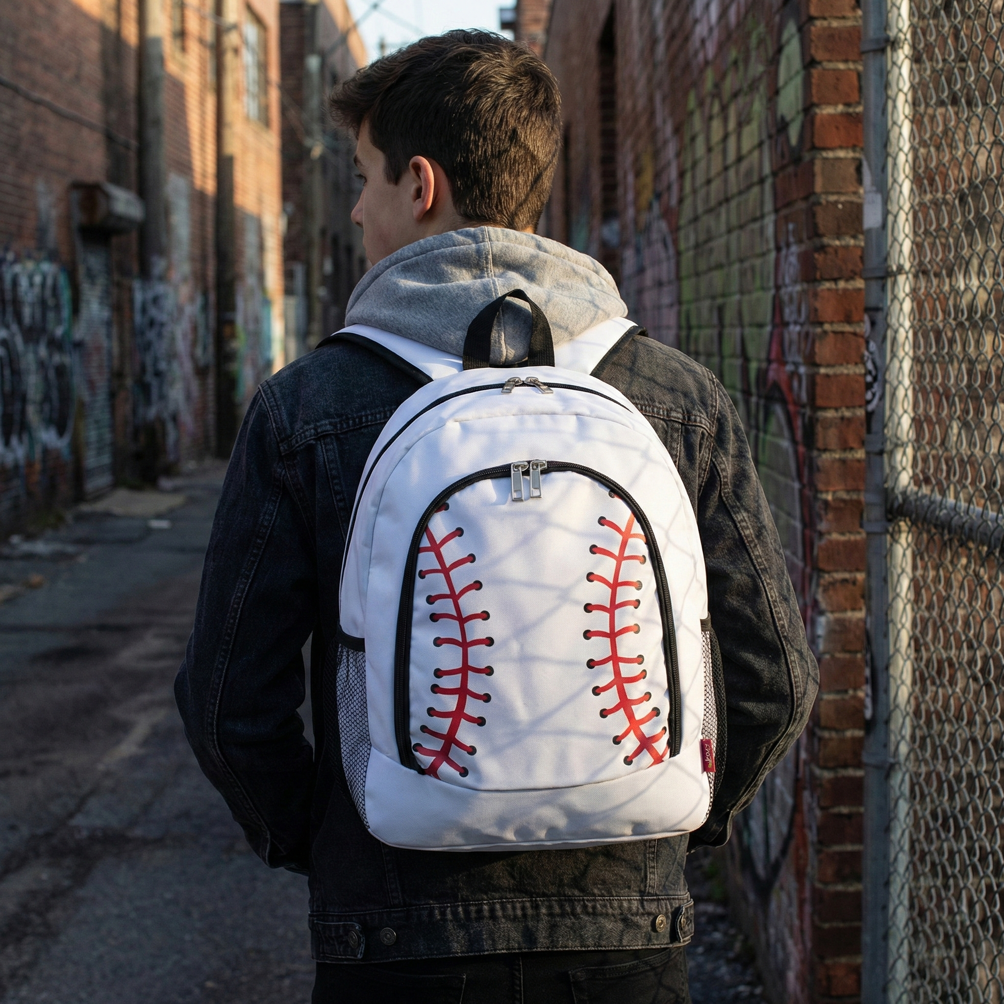 White Baseball Canvas Backpack on a teenage boy in an alley 