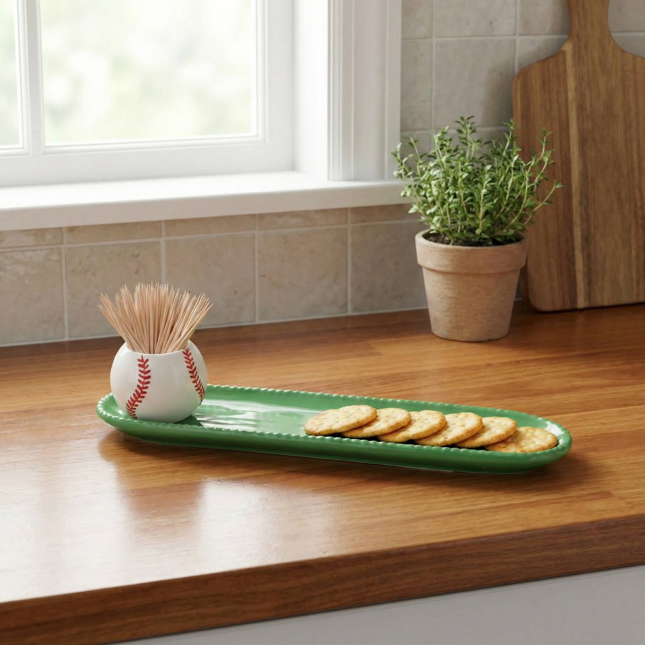 Baseball Toothpick Holder and Tray Set in a nice kitchen.