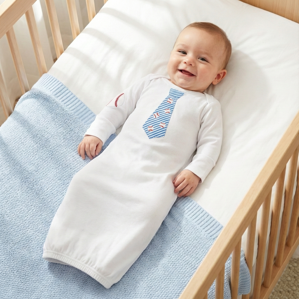 Happy baby lying in a crib with a white baseball sleep gown outfit and blue accents